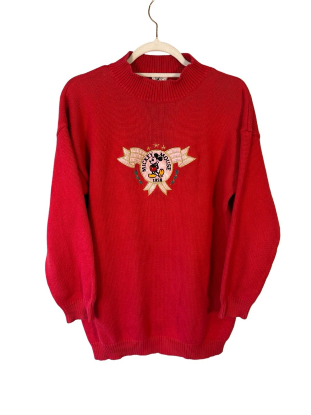 Disney Red Crewneck Sweater with Embroidered Mickey Patch Size M Unisex